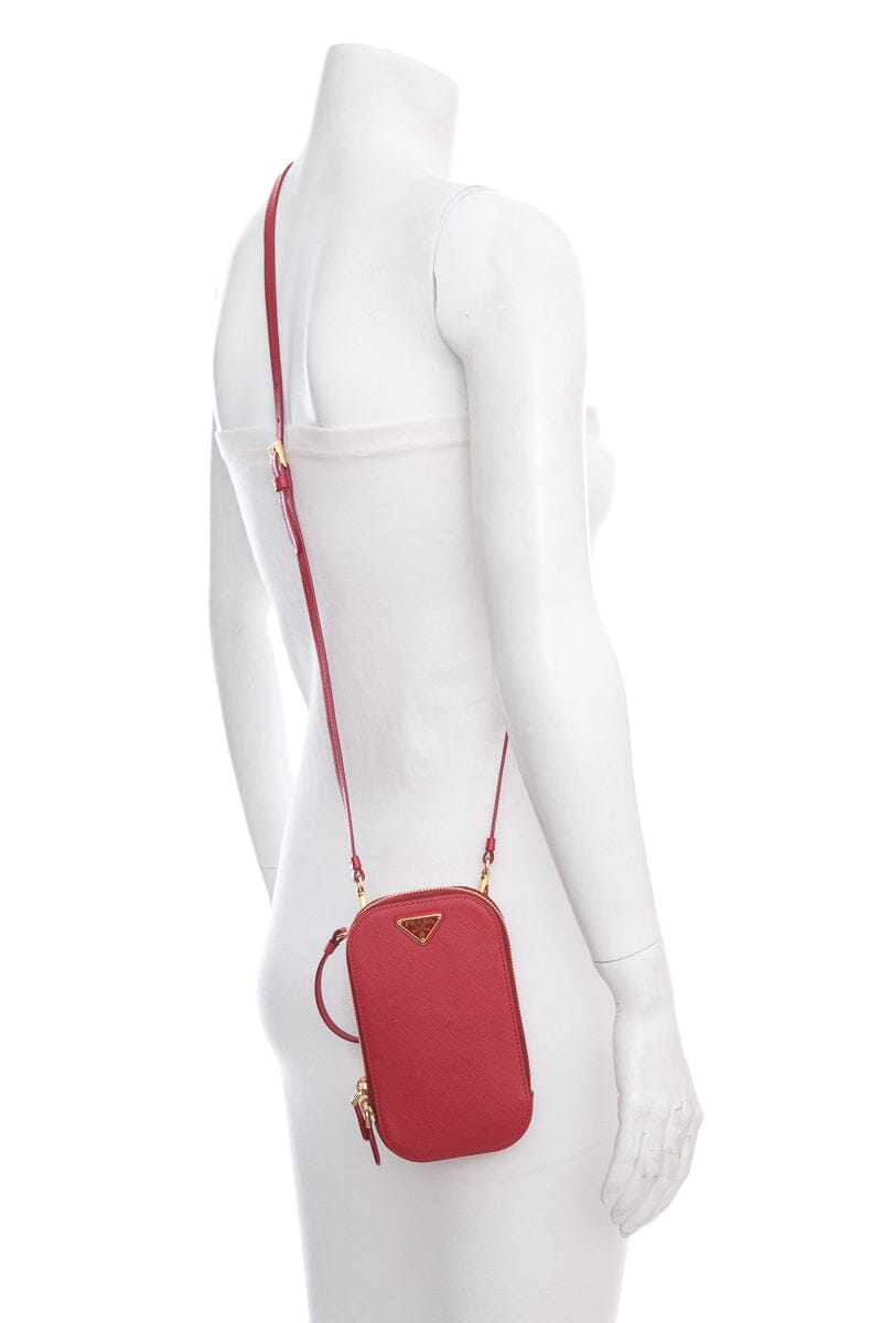 Prada Red Leather Zip Phone Holder Cross-Body Luxury Handbag