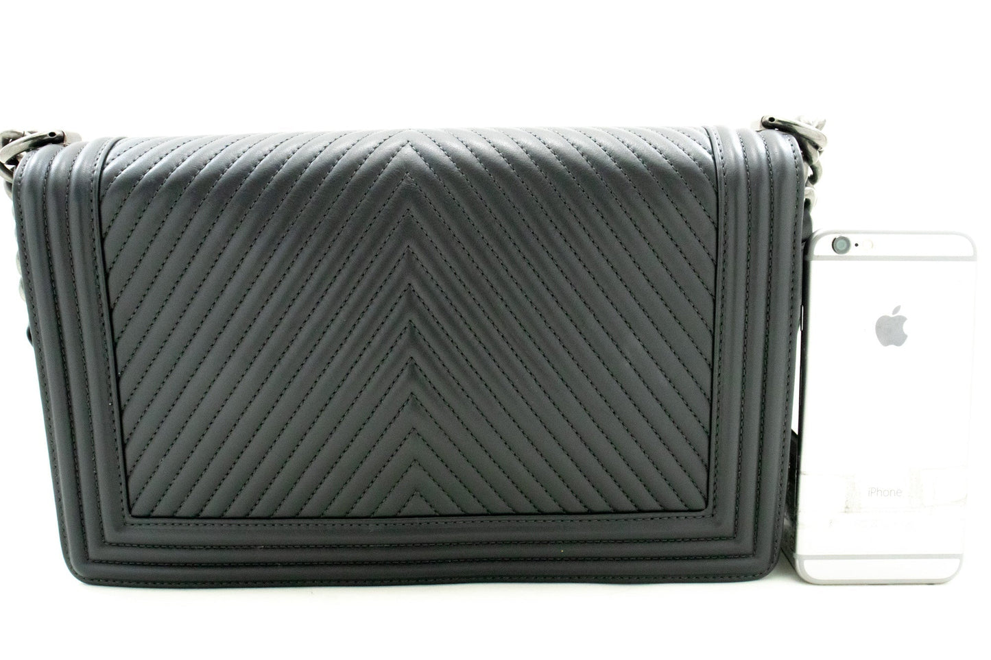 CHANEL Boy Dark Gray V-Stitch Chain Shoulder Bag Quilted Flap