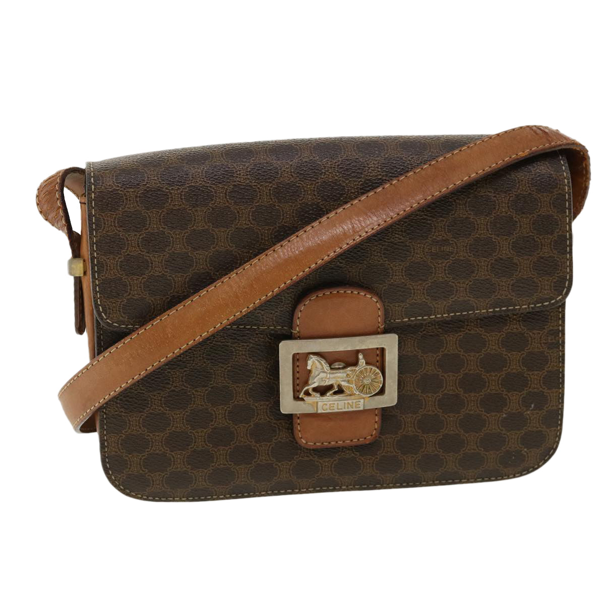 Luxury CELINE Macadam Canvas Shoulder Bag PVC Leather Brown 32152
