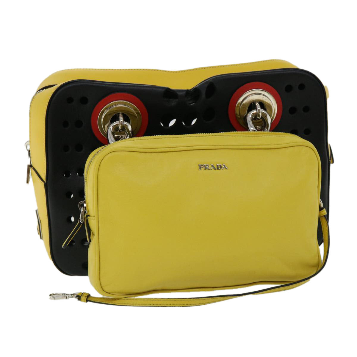 Prada Chain Shoulder Bag Punching Leather Tricolor Black