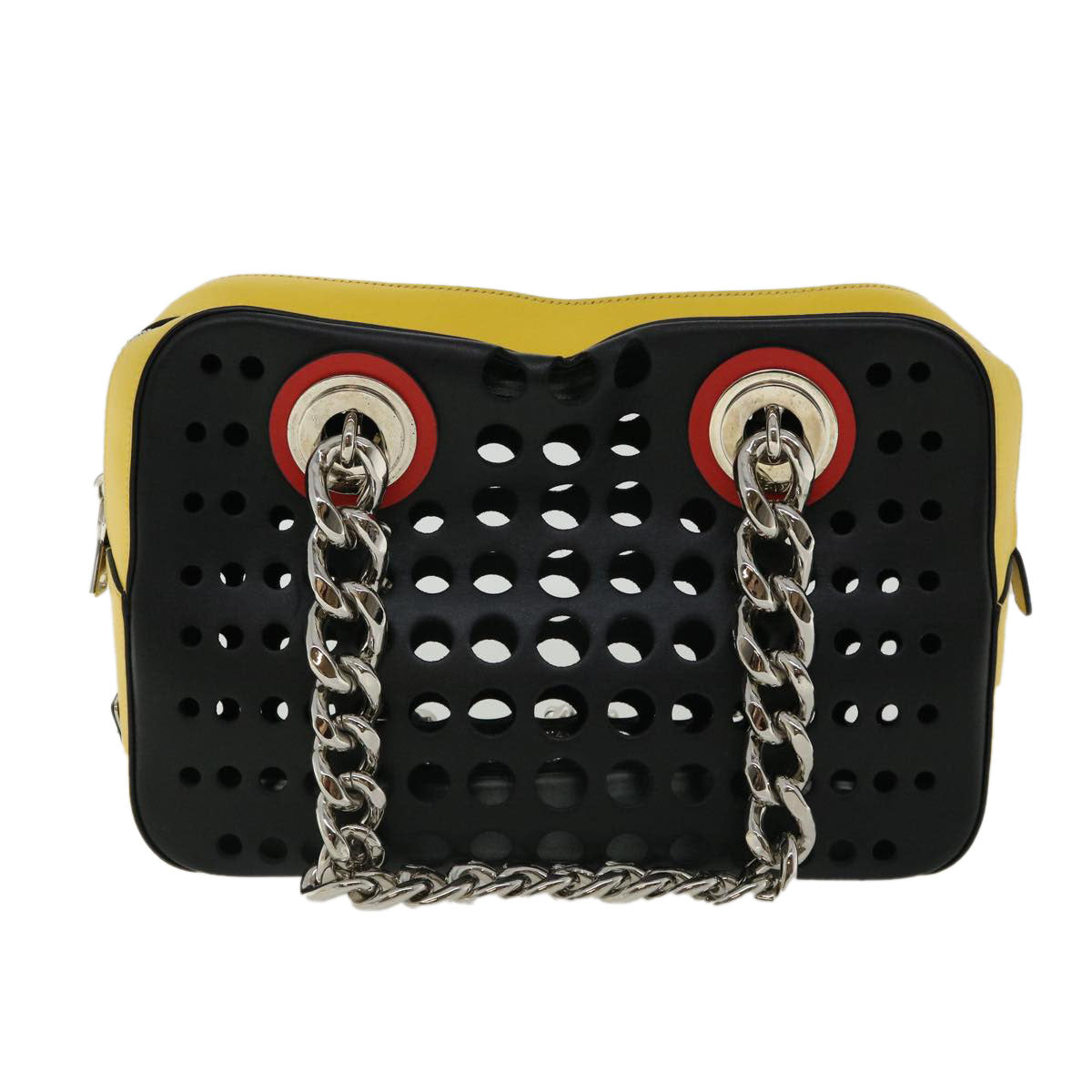 Prada Chain Shoulder Bag Punching Leather Tricolor Black