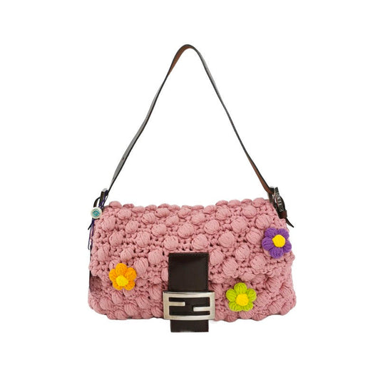 Fendi Baguette Bag Pink Crochet Knit Wool Pompom and Flowers Shoulder Bag