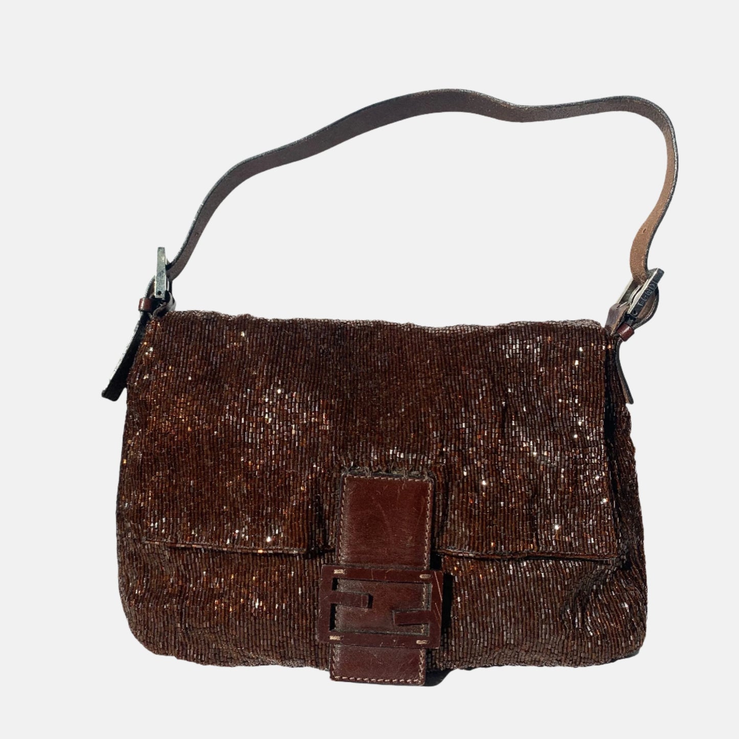 Fendi Mamma Baguette Brown Beaded Shoulder Bag