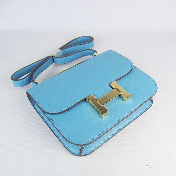 Luxury Hermes Constance Cowskin Leather Bag light blue golden