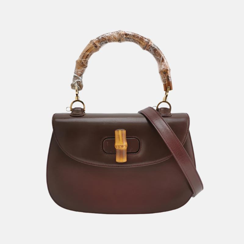 Gucci Bamboo 1947 Top Handle Bag Box Leather Medium Brown Purple