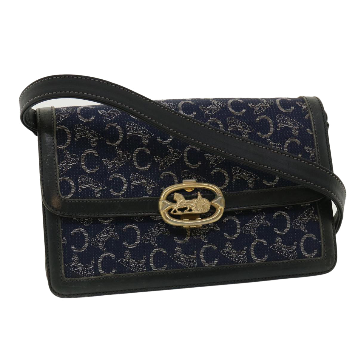 Luxury CELINE C Macadam Canvas Shoulder Bag Navy 33902