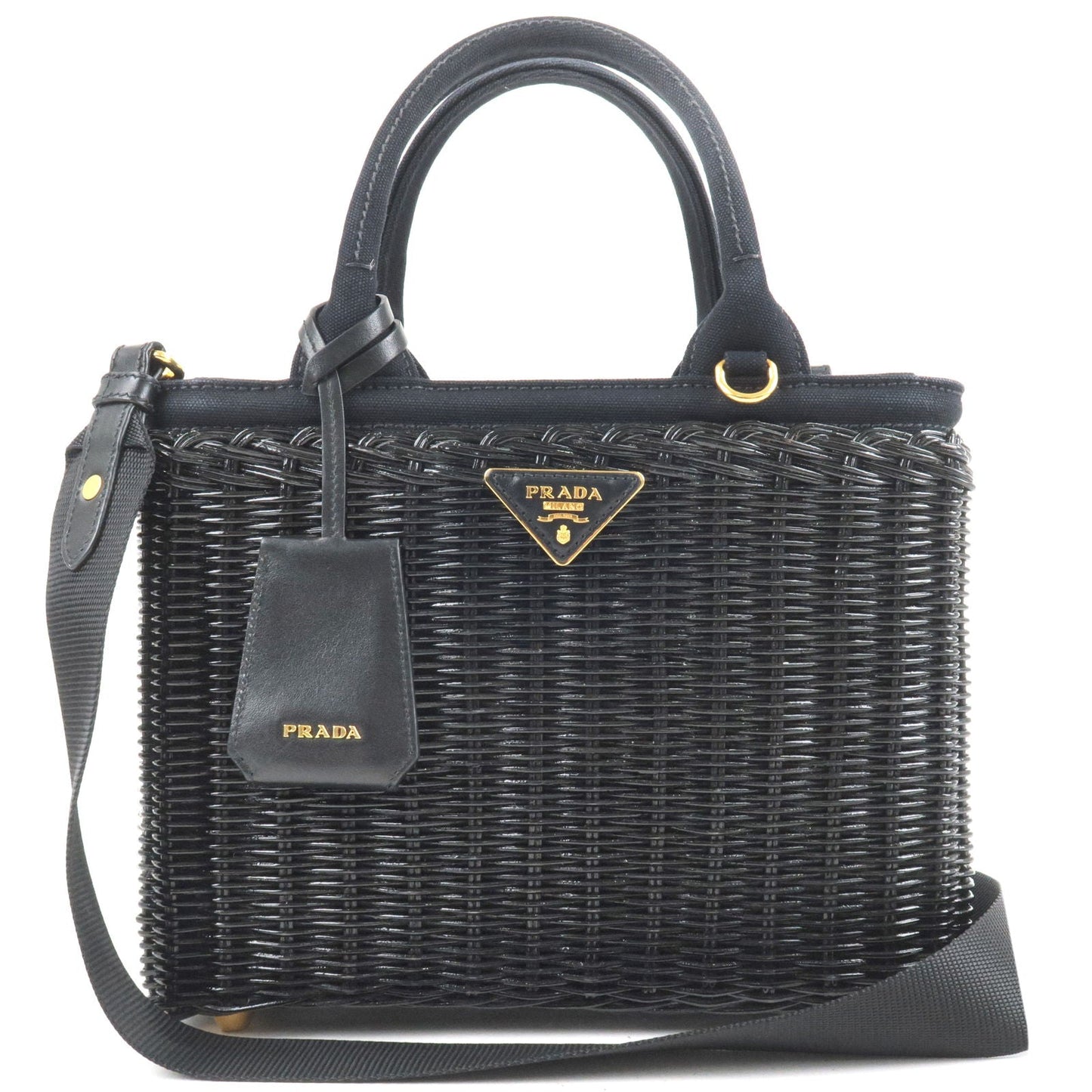 PRADA Wicker Canvas 2Way Basket Bag Hand Bag Black