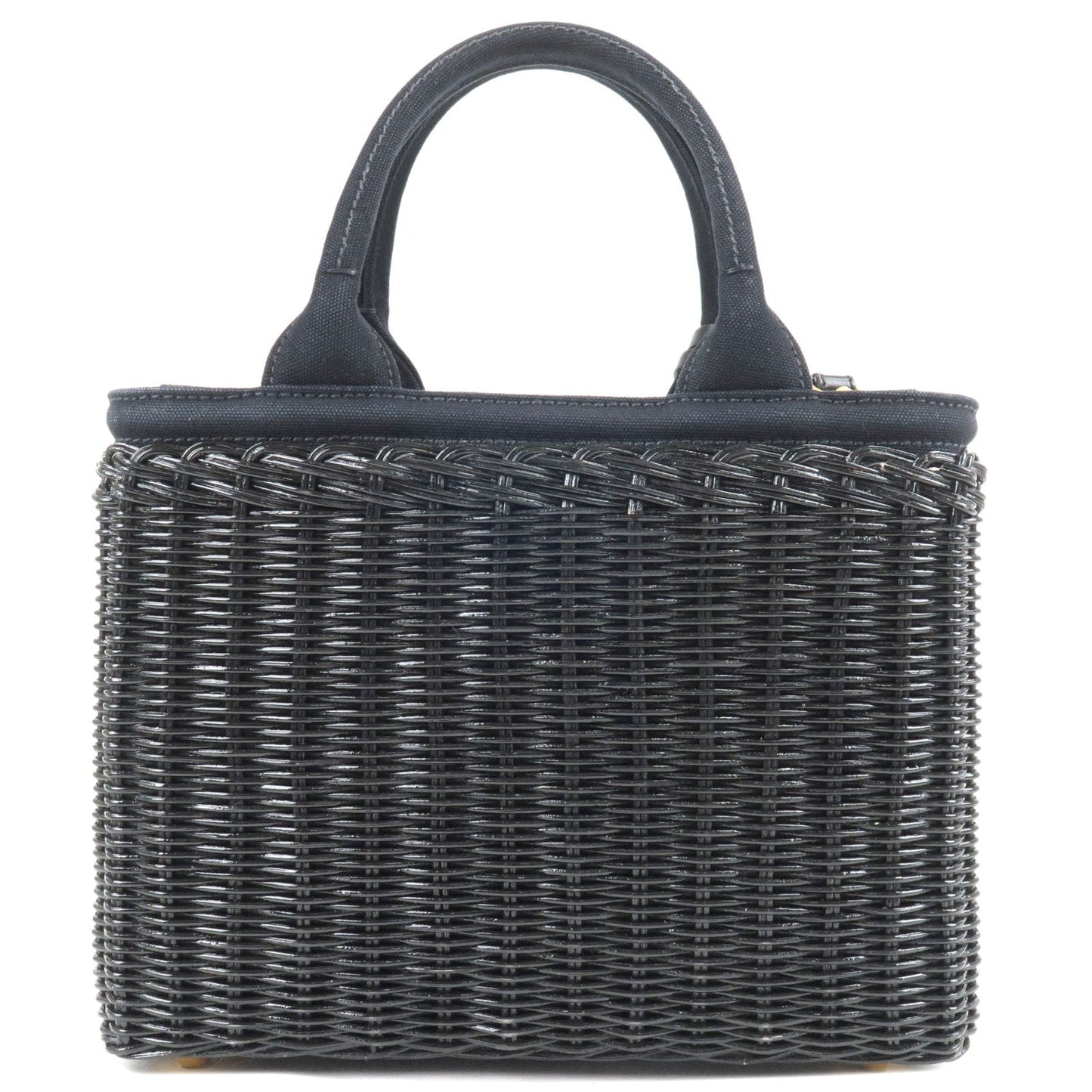 PRADA Wicker Canvas 2Way Basket Bag Hand Bag Black