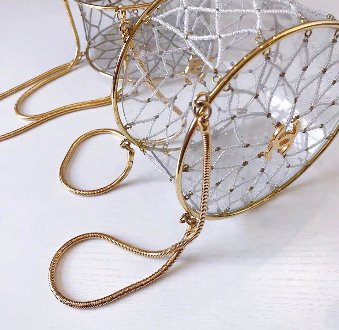 Chanel MinaudiÃ¨re Ultra Rare 1990 Beaded Gold Transparent Circle Micro Mini Bag
