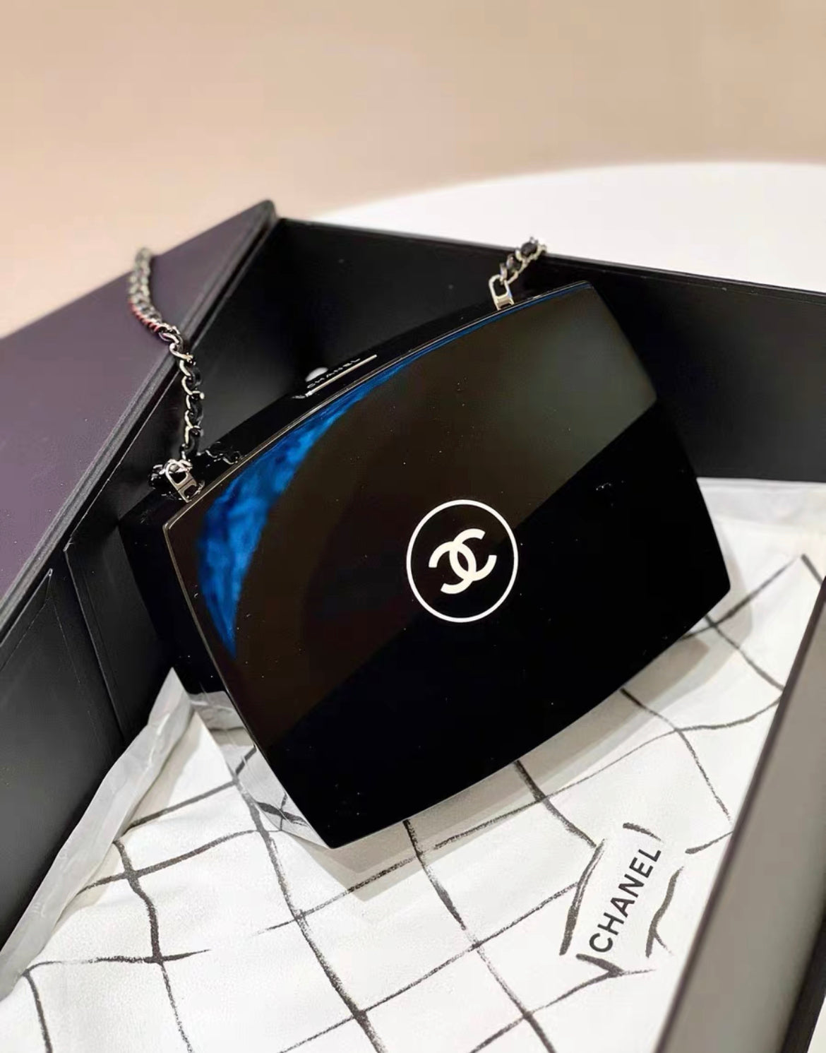 Chanel CC Logo Plexiglass Black Makeup Compact MinaudiÃ¨re Chain Clutch Bag
