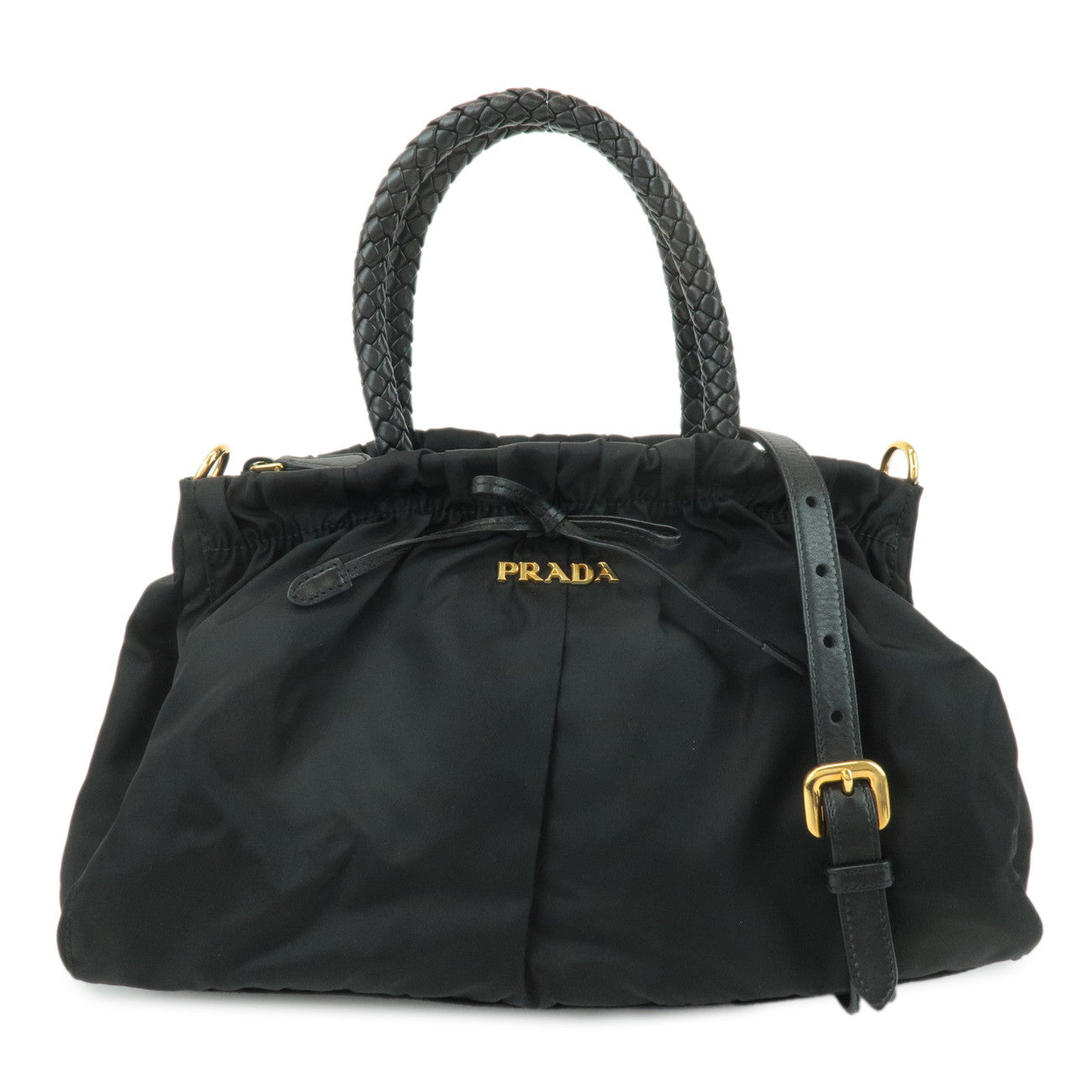 PRADA Nylon Leather Ribbon 2Way Hand Bag Shoulder Bag Black BN1631