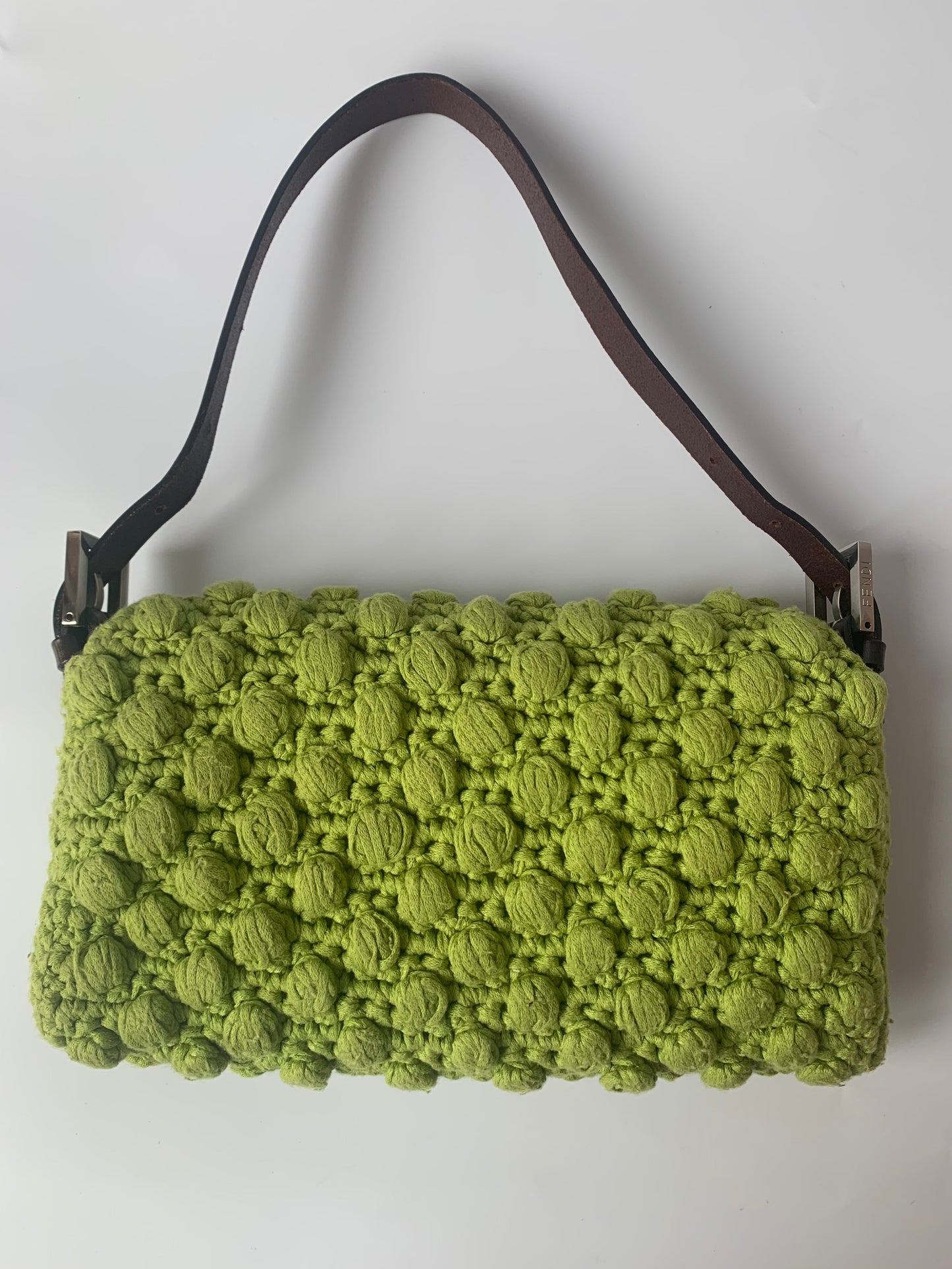 Fendi Baguette Bag Green Wool Pompom Shoulder Bag