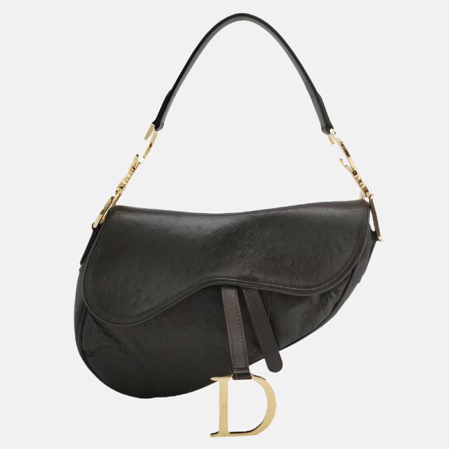 Dior Saddle Ostrich Leather Dark Brown Shoulder Bag