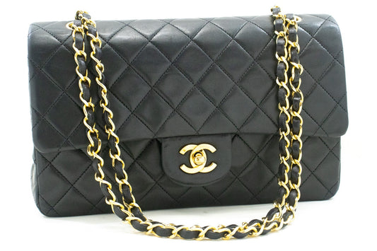 CHANEL Classic Double Flap 10" Chain Shoulder Bag Black Lambskin