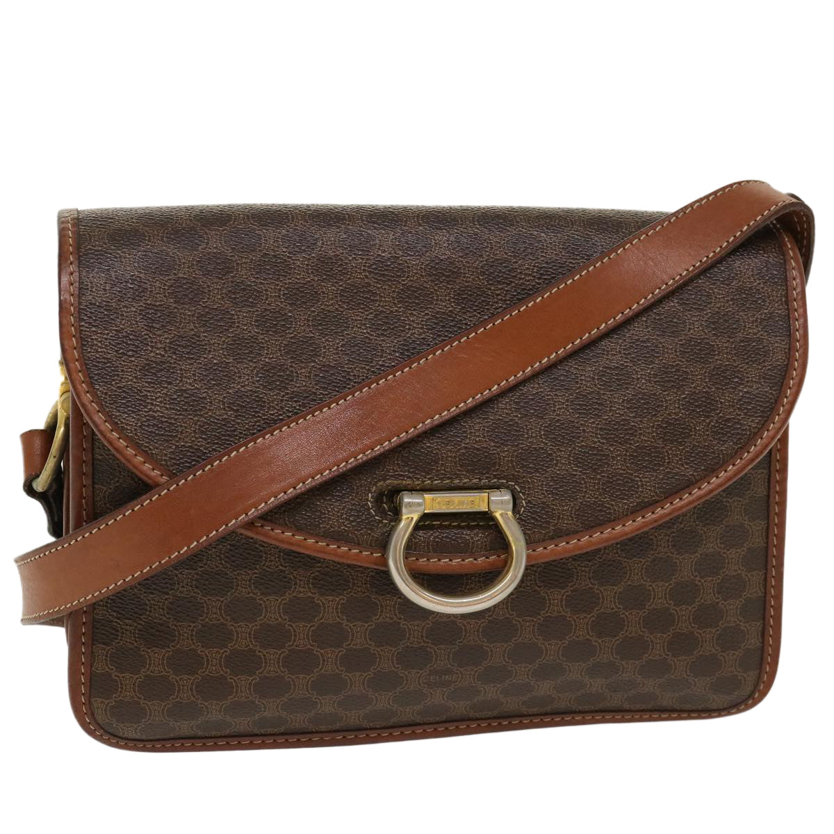 Luxury CELINE Macadam Canvas Shoulder Bag PVC Leather Brown 39968