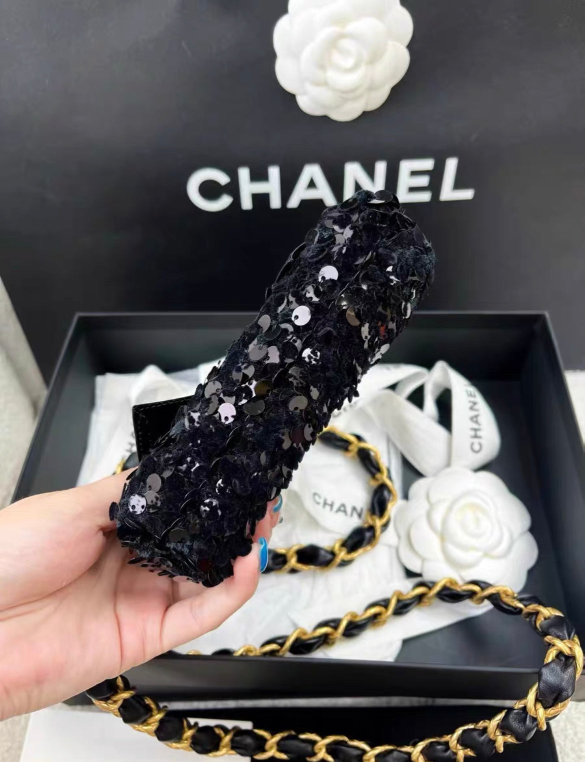 Chanel Metiers d Art 24A Black Sequin tweed Evening Mini Clutch Bag With Bow