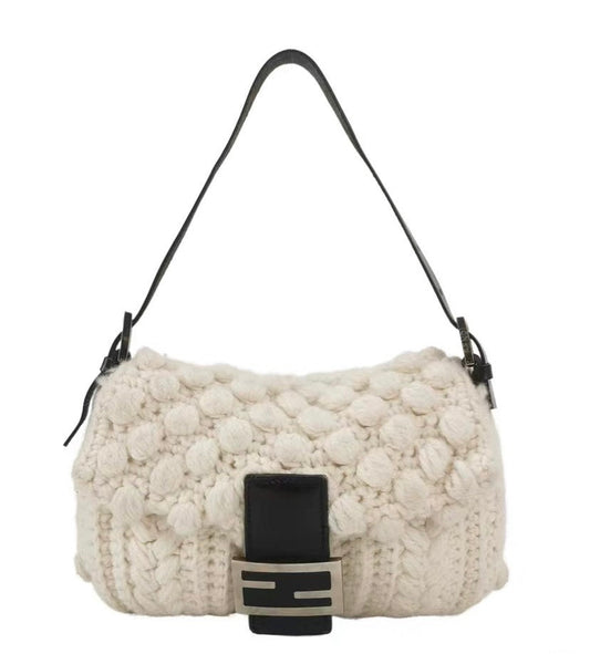 Fendi Baguette Bag White Wool Pompom Shoulder Bag