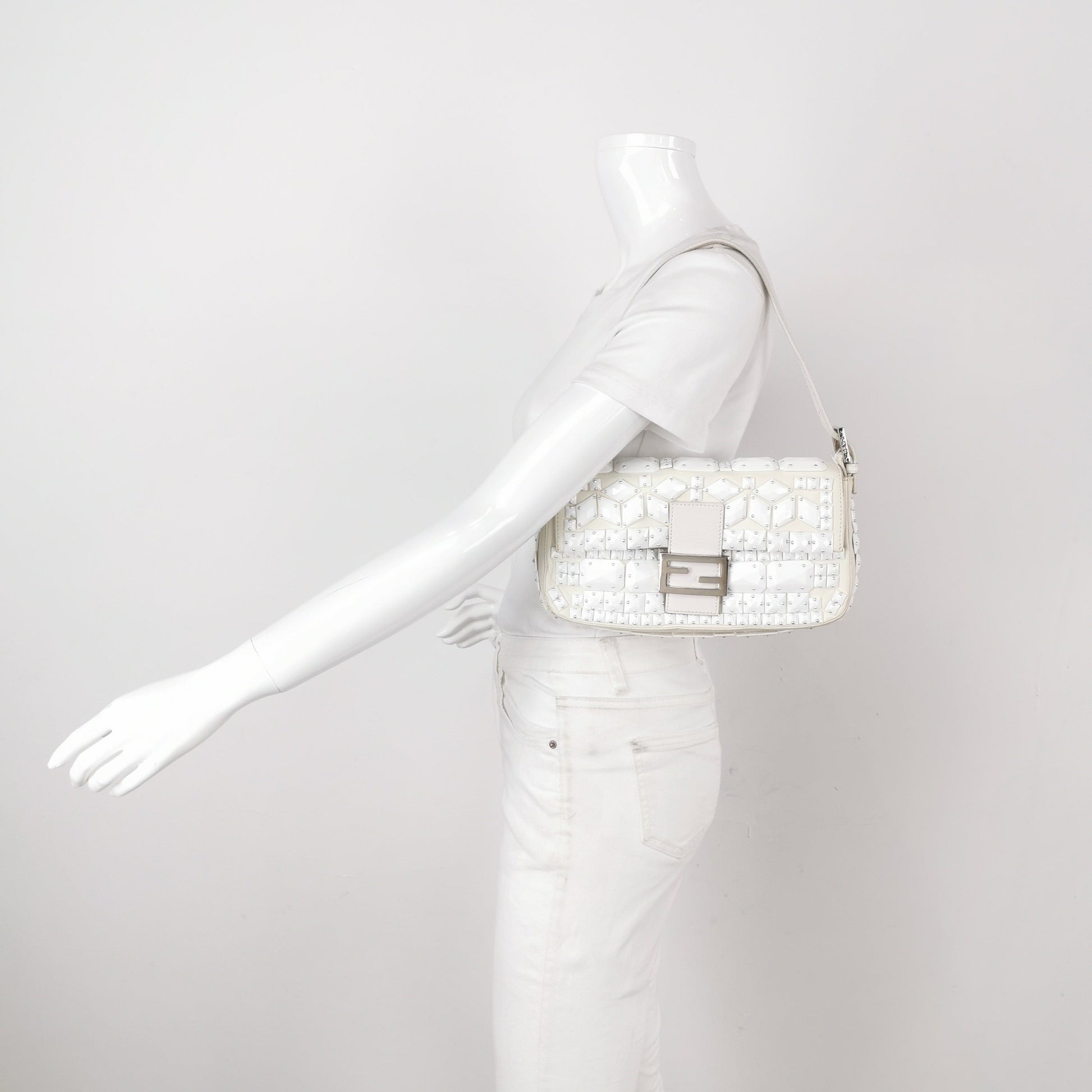 FENDI Baguette 1997 White Leather and Stones Zucca Interior Shoulder Bag