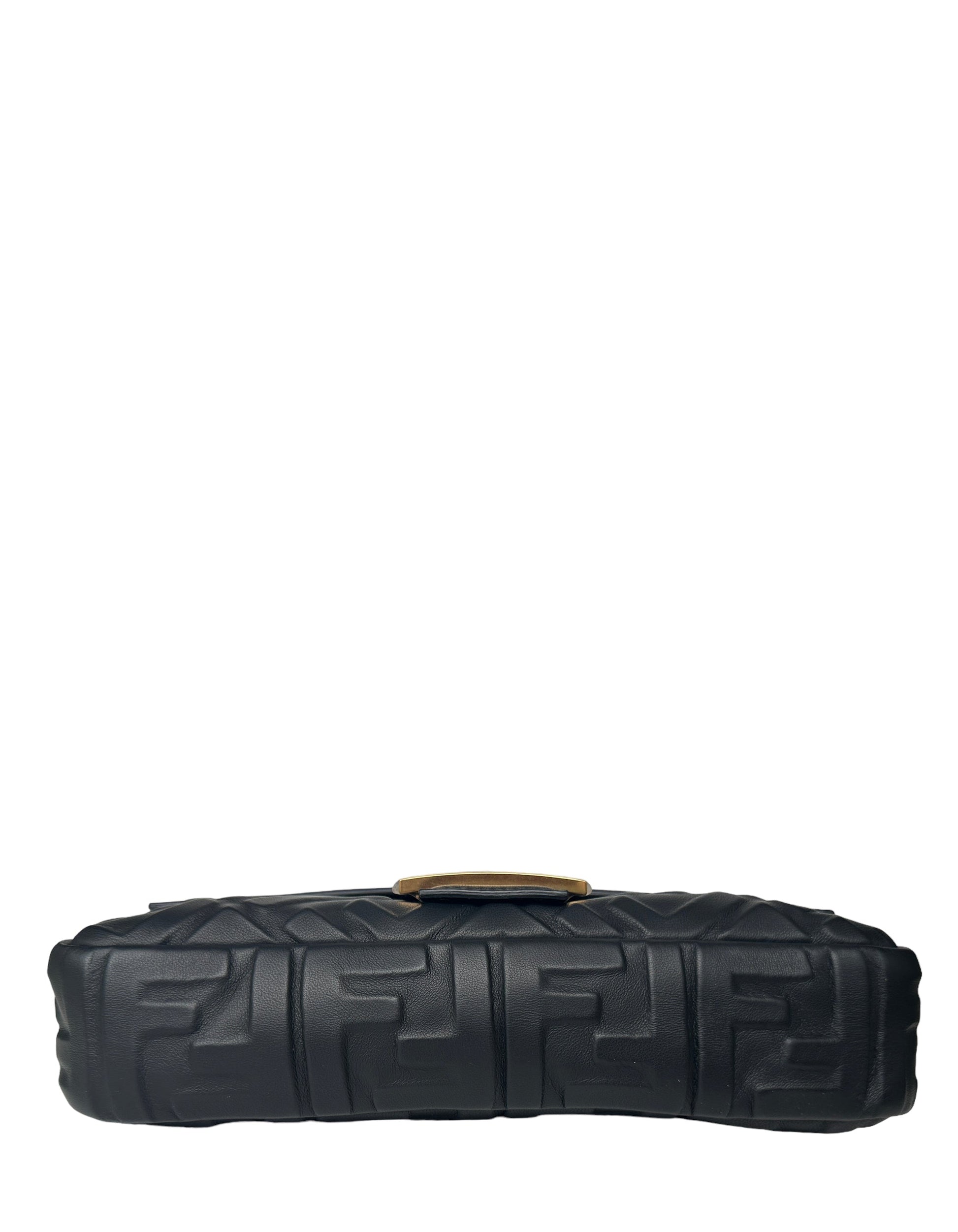 Fendi Black Nappa Embossed Logo FF 1974 Medium Baguette NM Bag w/ Two Straps