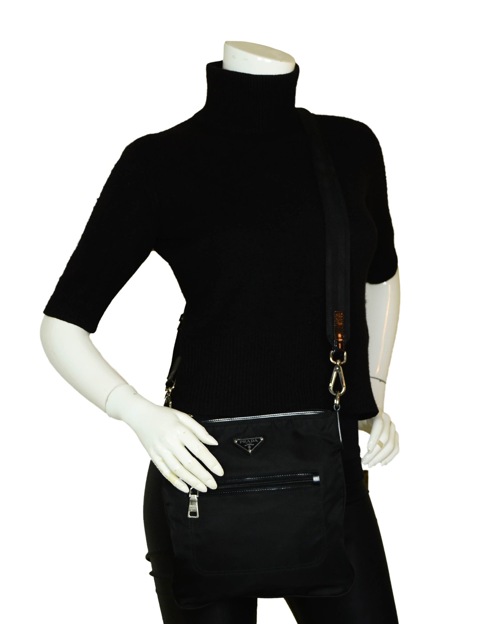 Prada Black Tessuto Nylon Flat Crossbody Bag w/ Front Pocket