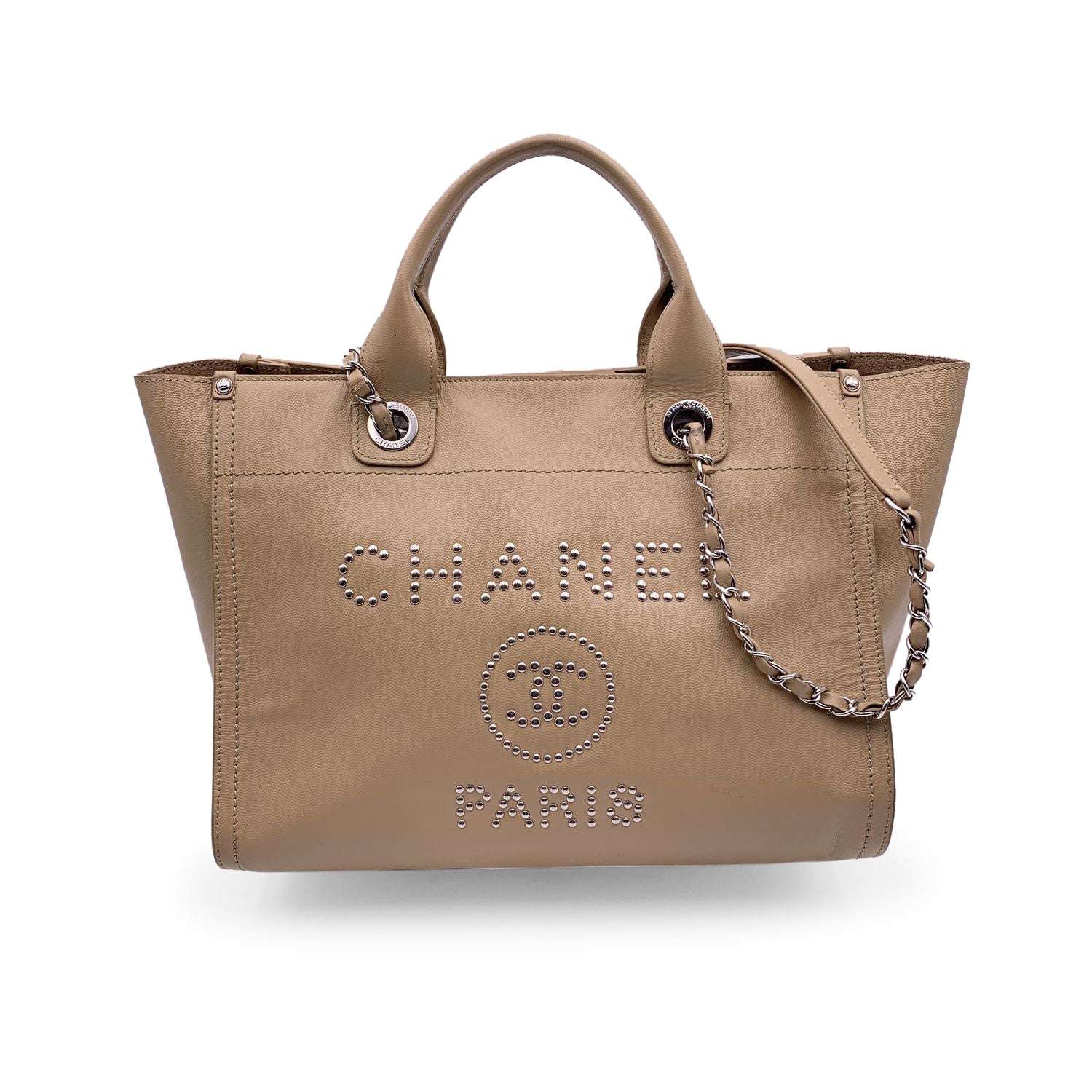 CHANEL Beige Caviar Leather Studded Deauville Tote Shoulder Bag