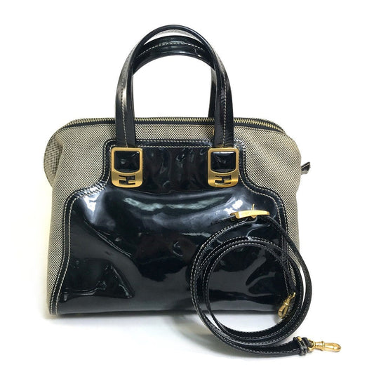FENDI Handbag Canvas / patent leather Black type Enamel Crossbody Shoulder chameleon Women