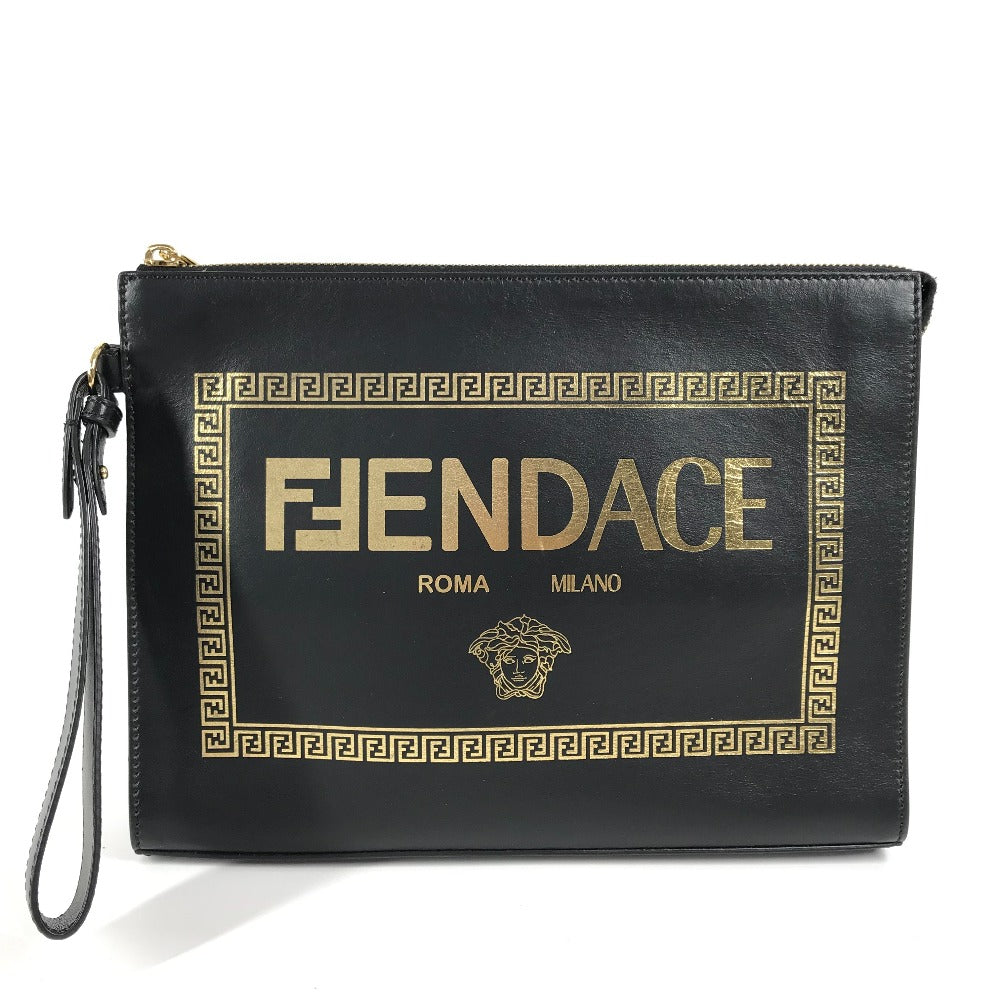 FENDI Clutch bag leather black Versace VERSACE collaboration FENDACE logo FENDACE Women(Unisex)