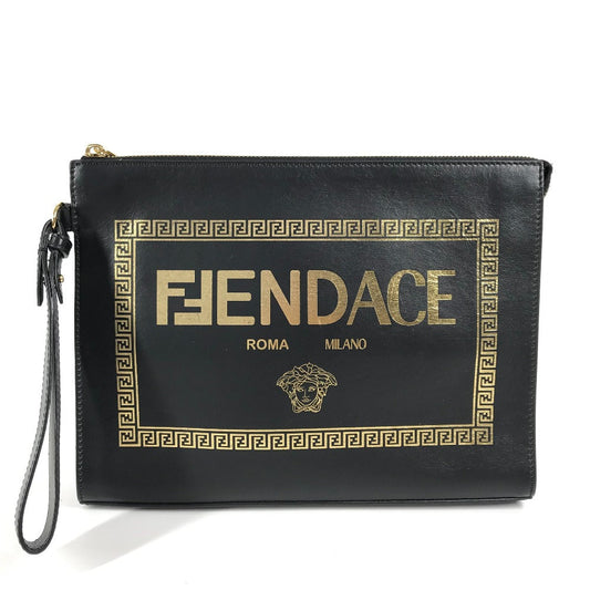 FENDI Clutch bag leather black Versace VERSACE collaboration FENDACE logo FENDACE Women(Unisex)