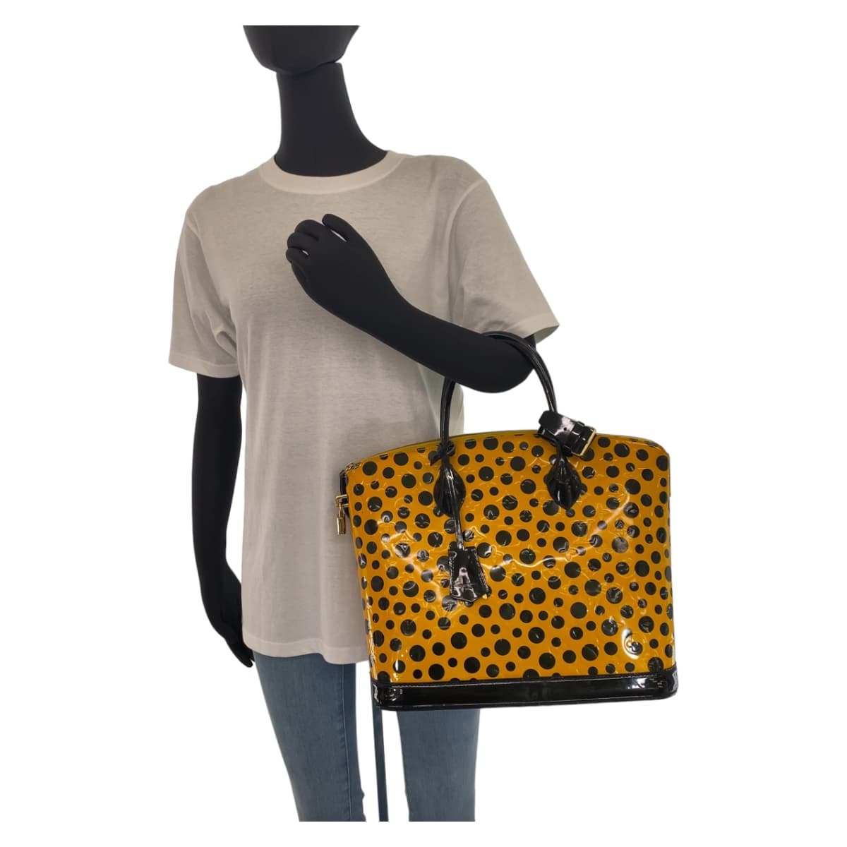 LOUIS VUITTON Handbag Patent leather Yellow Black Gold Metal Monogram Vernis LockitMM Yayoi Kusama