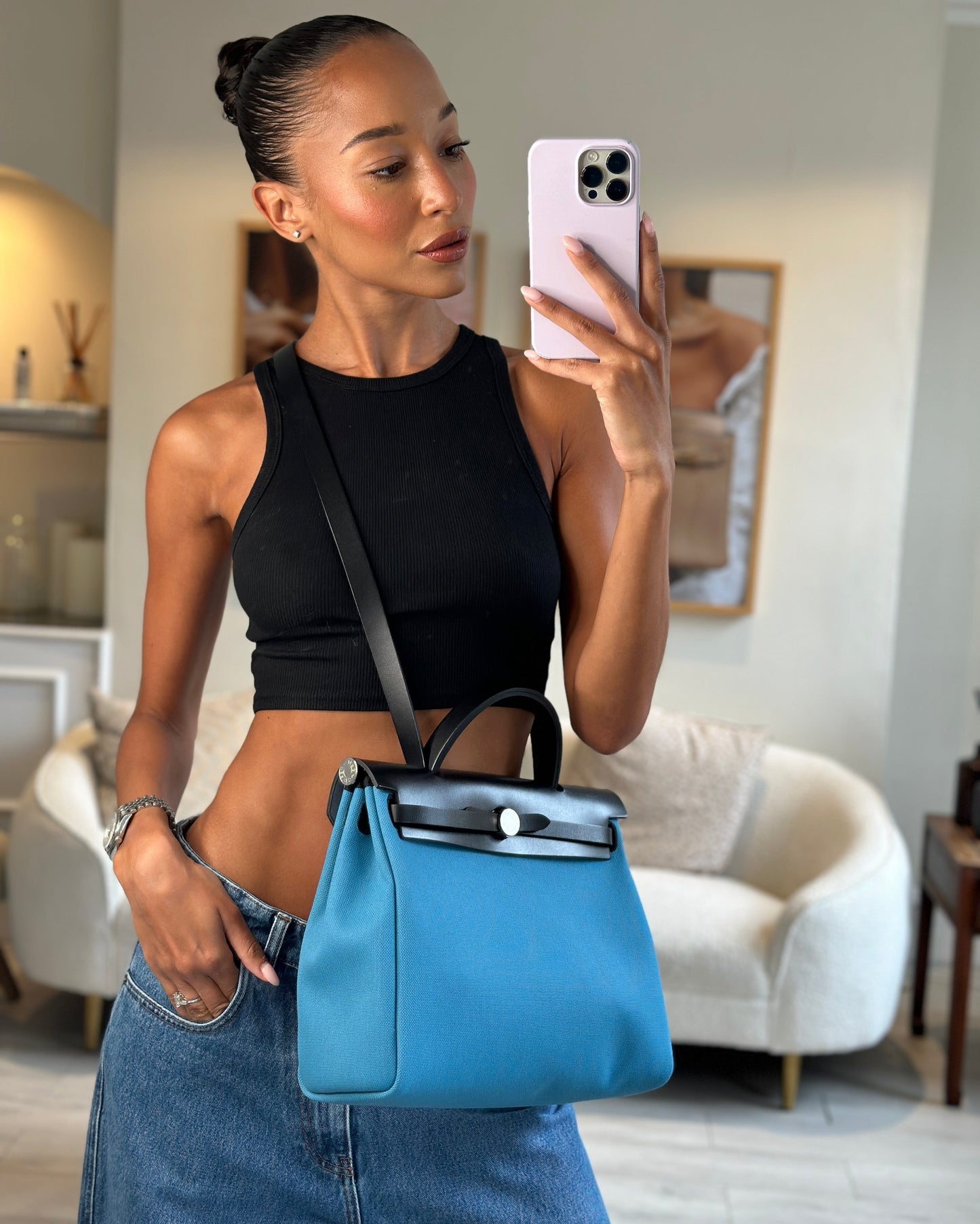Hermes Herbag 31 Bag in Blue Jean Canvas and Noir Vache Hunter Leather with Palladium Hardware