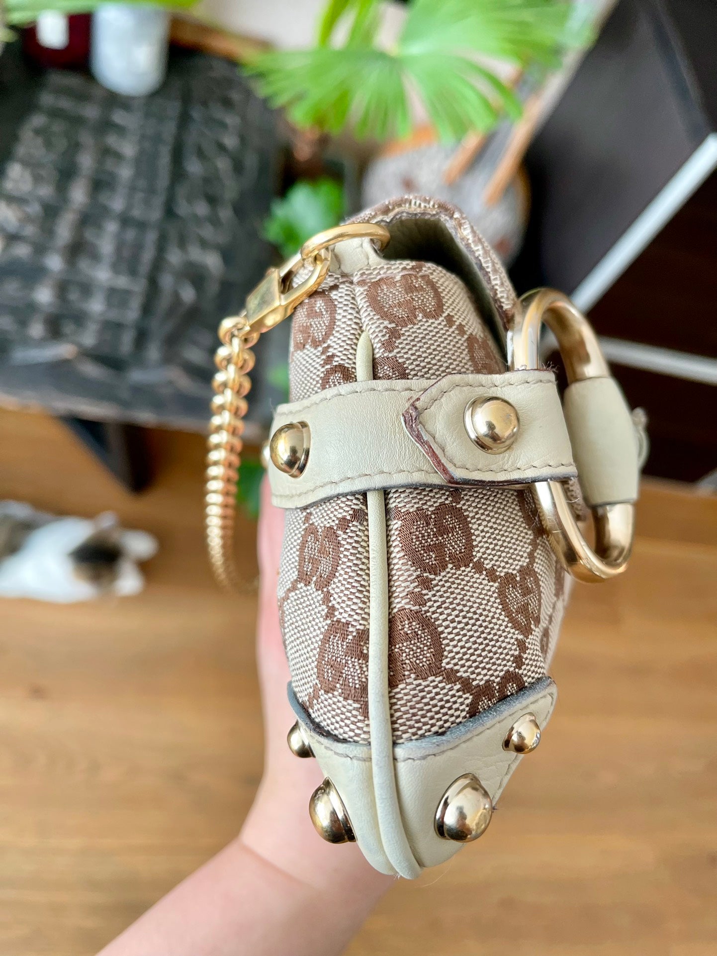 Gucci Horsebit 1955 Small Cloth Beige Monogram Yellow Web Shoulder bag