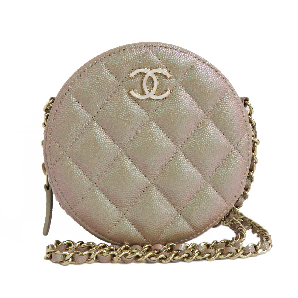 CHANEL Chanel Matrasse Round Chain Shoulder Bag Pouch AP0314 Metal Beige G Coco Caviar S Leather Round