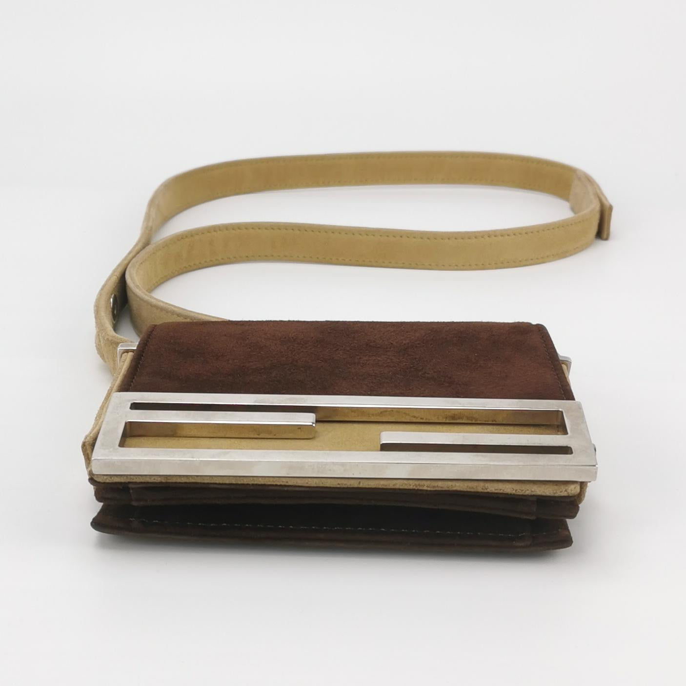 Fendi Mini Bicolor Brown Suede Front Buckle Crossbody Bag