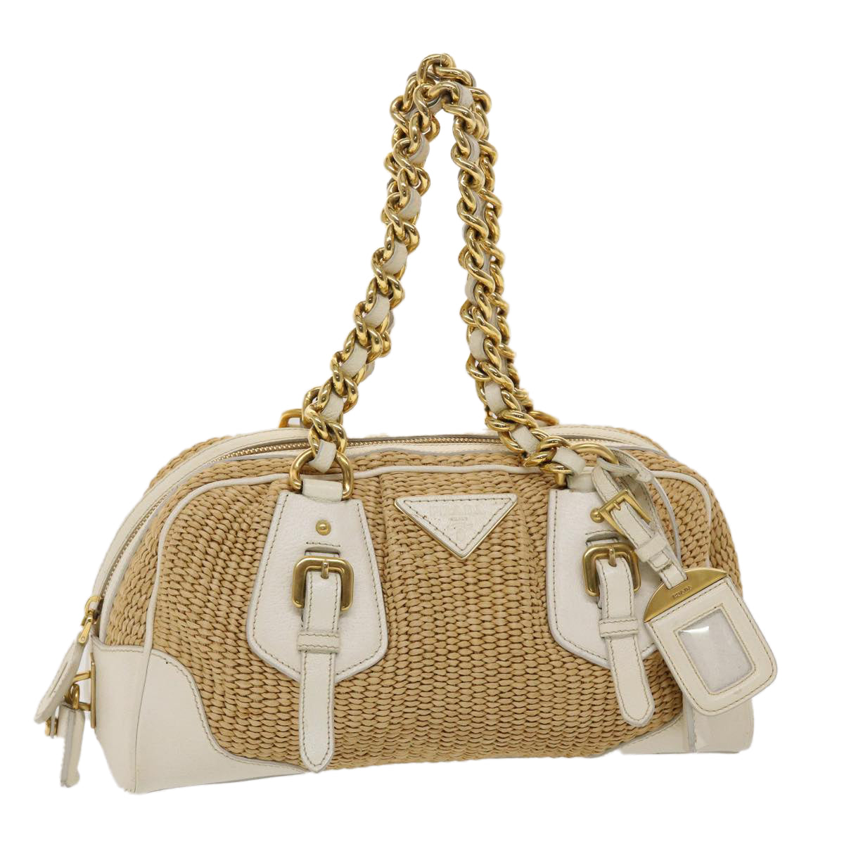 PRADA Chain Hand Bag Straw Leather White Auth