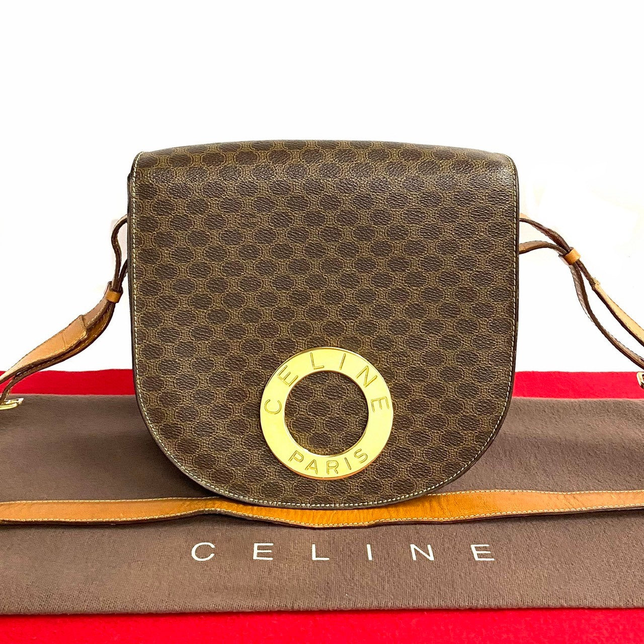 CELINE Shoulder Bag Leather, PVC Brown Macadam Women