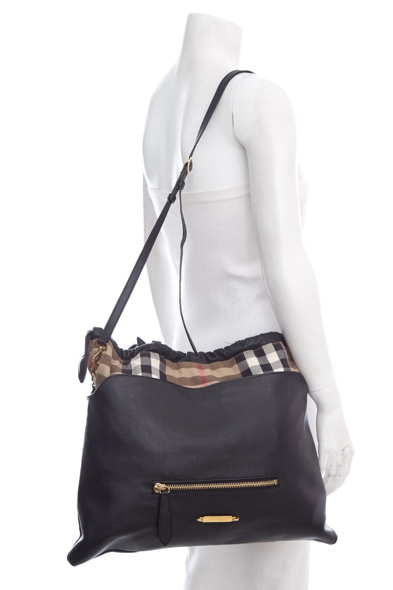 Burberry Ho Check Big Crush Black Leather Tote Bag