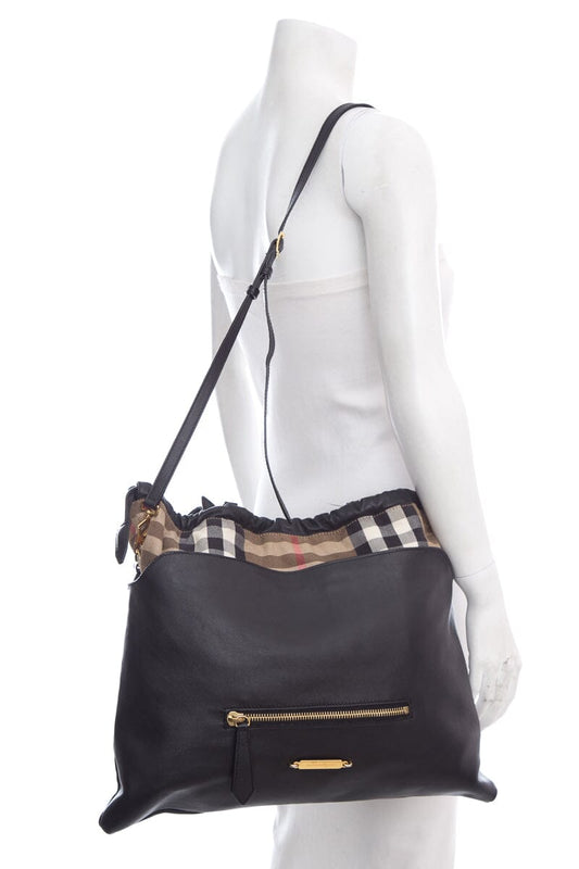 Burberry Ho Check Big Crush Black Leather Tote Bag