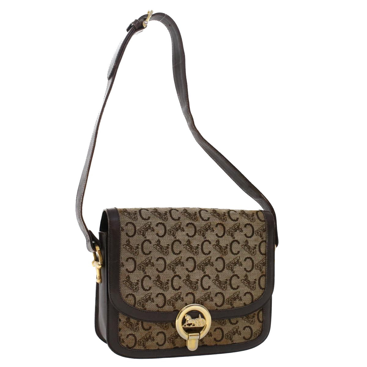 Luxury CELINE C Macadam Canvas Horse Carriage Shoulder Bag Beige Dark Brown 48460