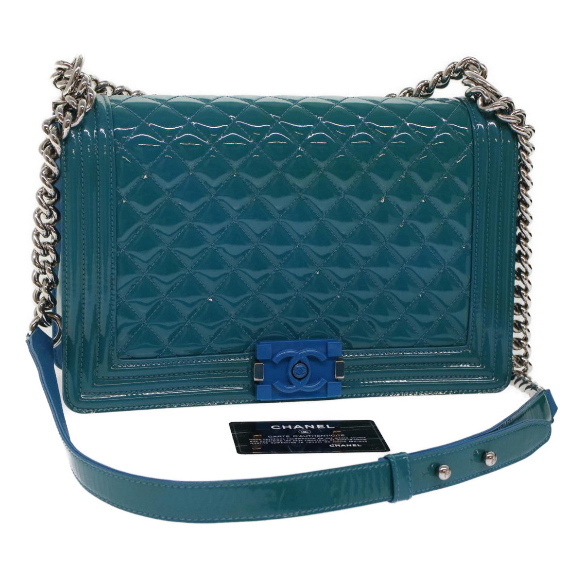 CHANEL Boy Shoulder Bag Patent Leather Turquoise Blue CC Auth 48624A