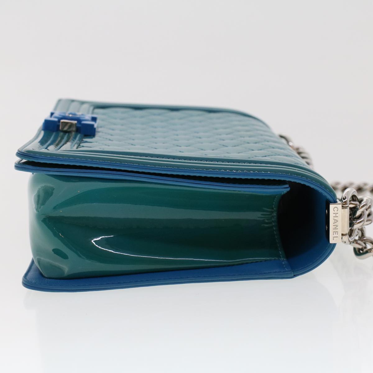 CHANEL Boy Shoulder Bag Patent Leather Turquoise Blue CC Auth 48624A