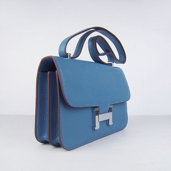 Luxury Hermes calf Leather Message Bag blue silver