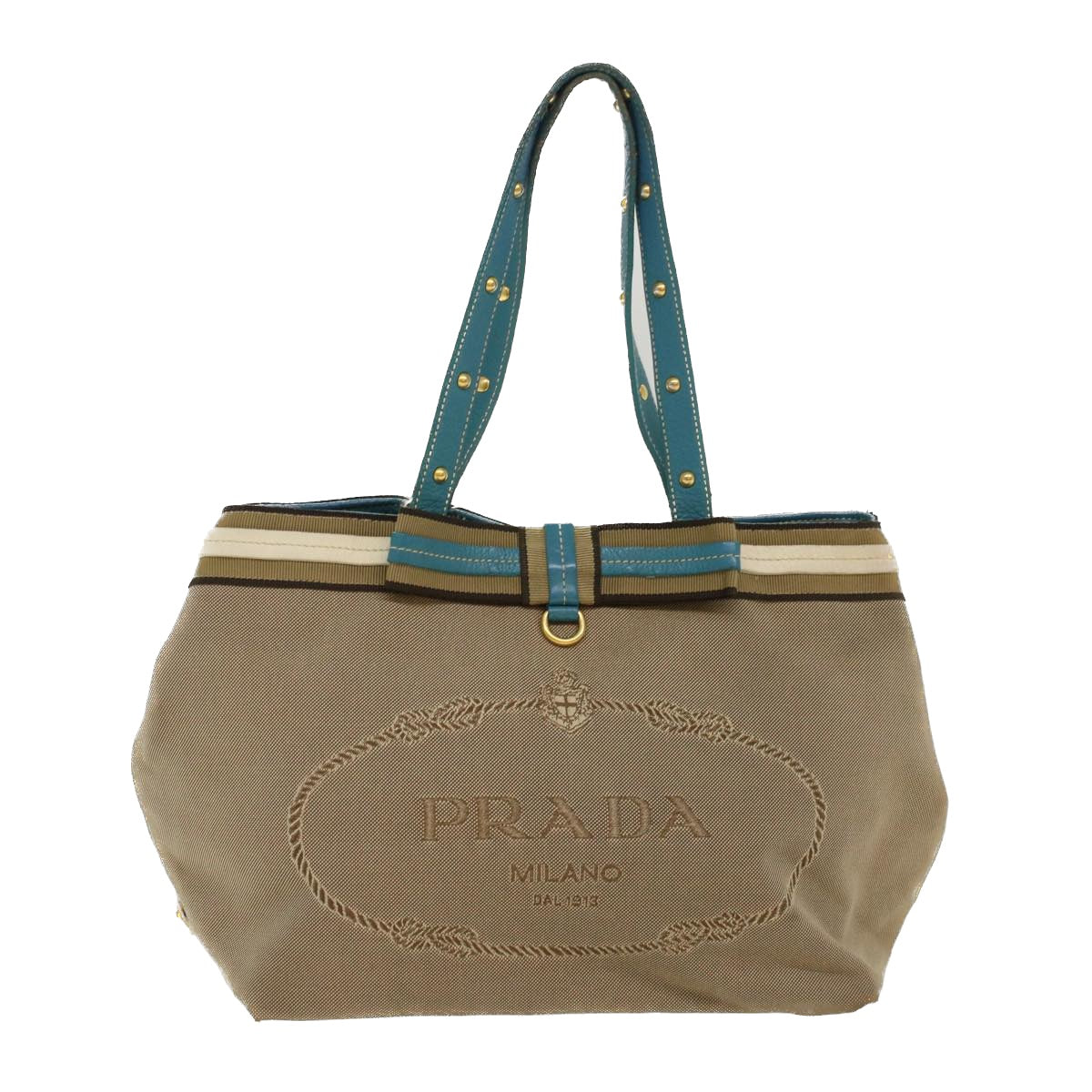 Prada Tote Bag Canvas Leather Beige Light Blue