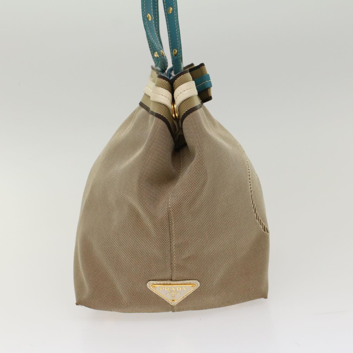 Prada Tote Bag Canvas Leather Beige Light Blue