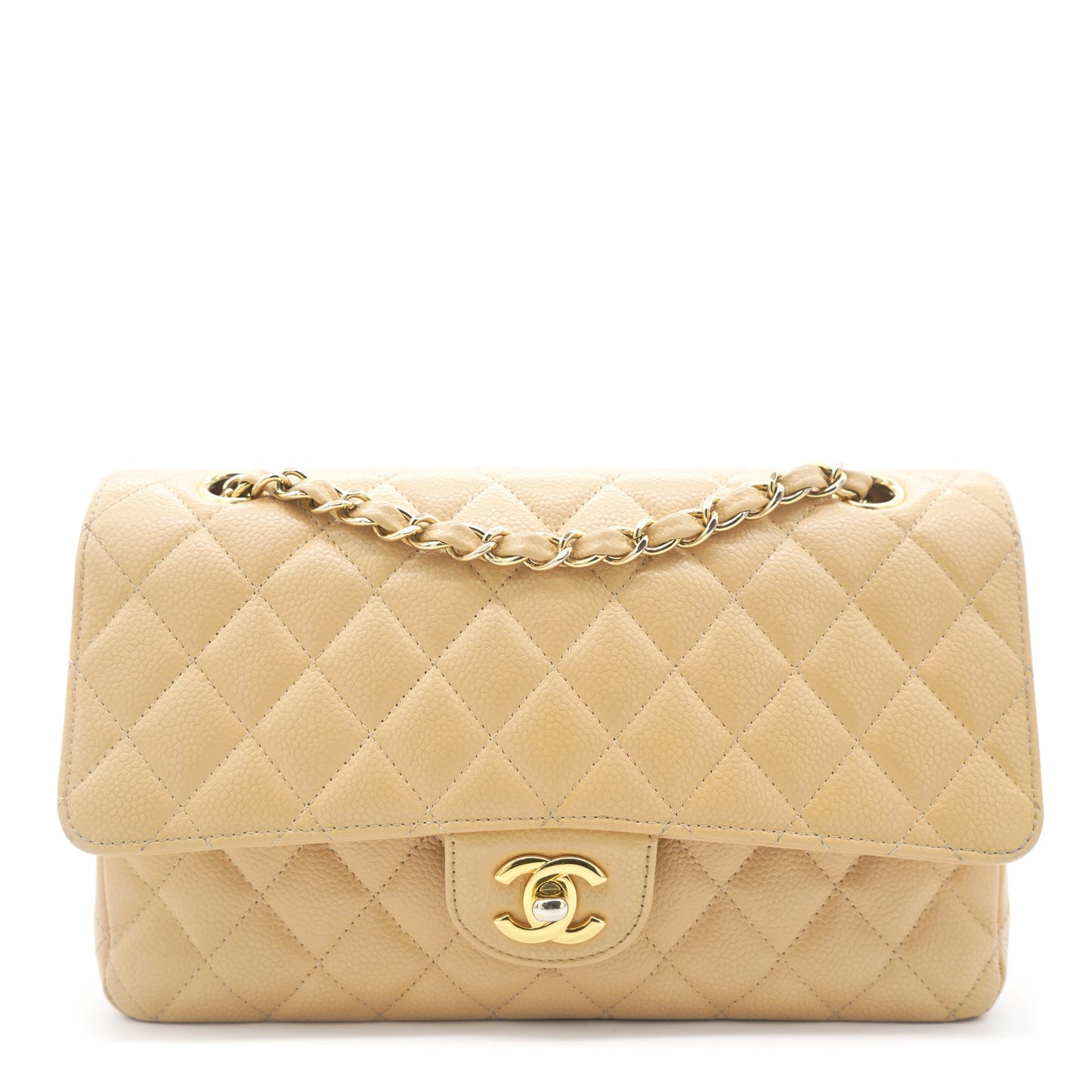 Chanel Beige Quilted Caviar Leather Classic Double Flap Bag