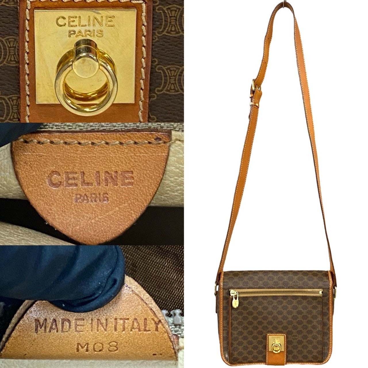 CELINE Shoulder Bag Leather, PVC Brown Macadam Blason Triomphe Pattern logo ring Metal Women