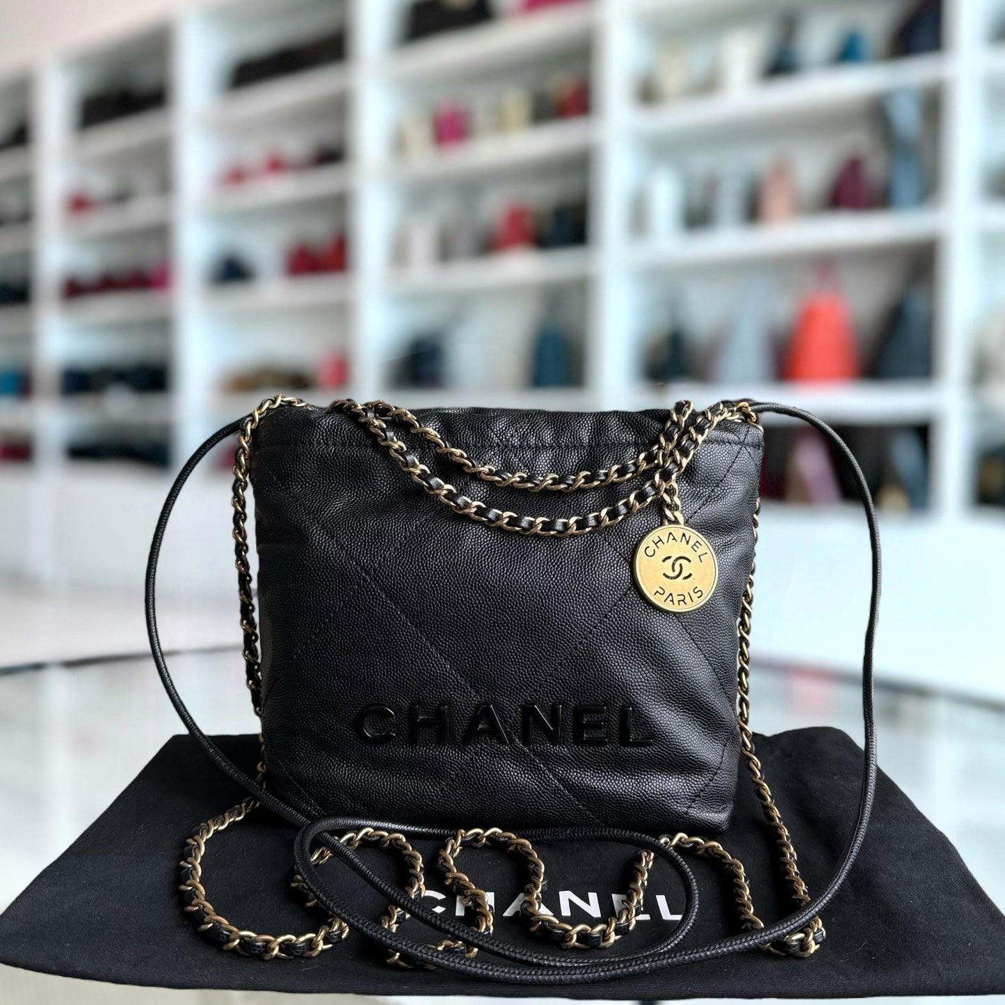 Chanel C22 Mini 22 Bag - Caviar Quilted Calfskin Crossbody Bag Gold Hardware Microchip