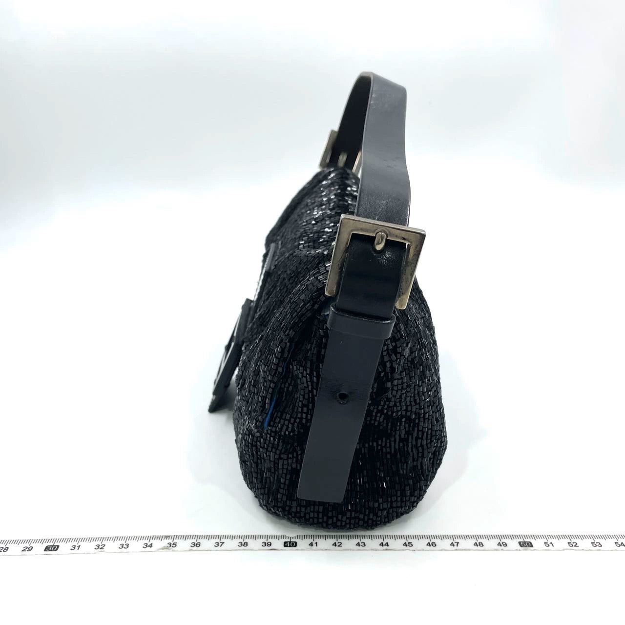 Fendi Baguette Black Glitter Beads Shoulder Bag Blue Satin Interior