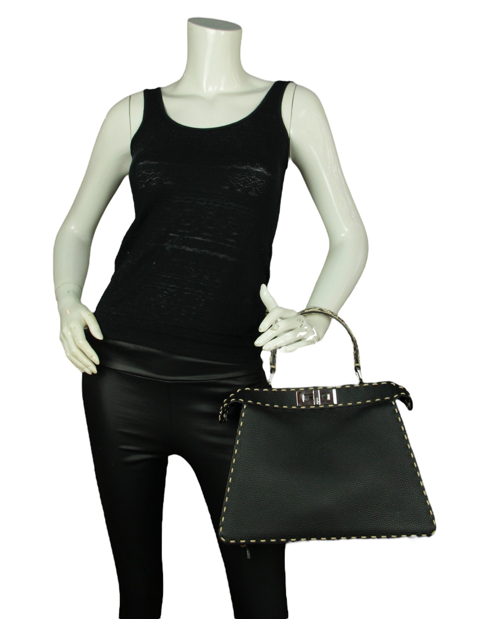 Fendi Black Selleria Peekaboo Satchel Bag w/ Snakeskin Handle