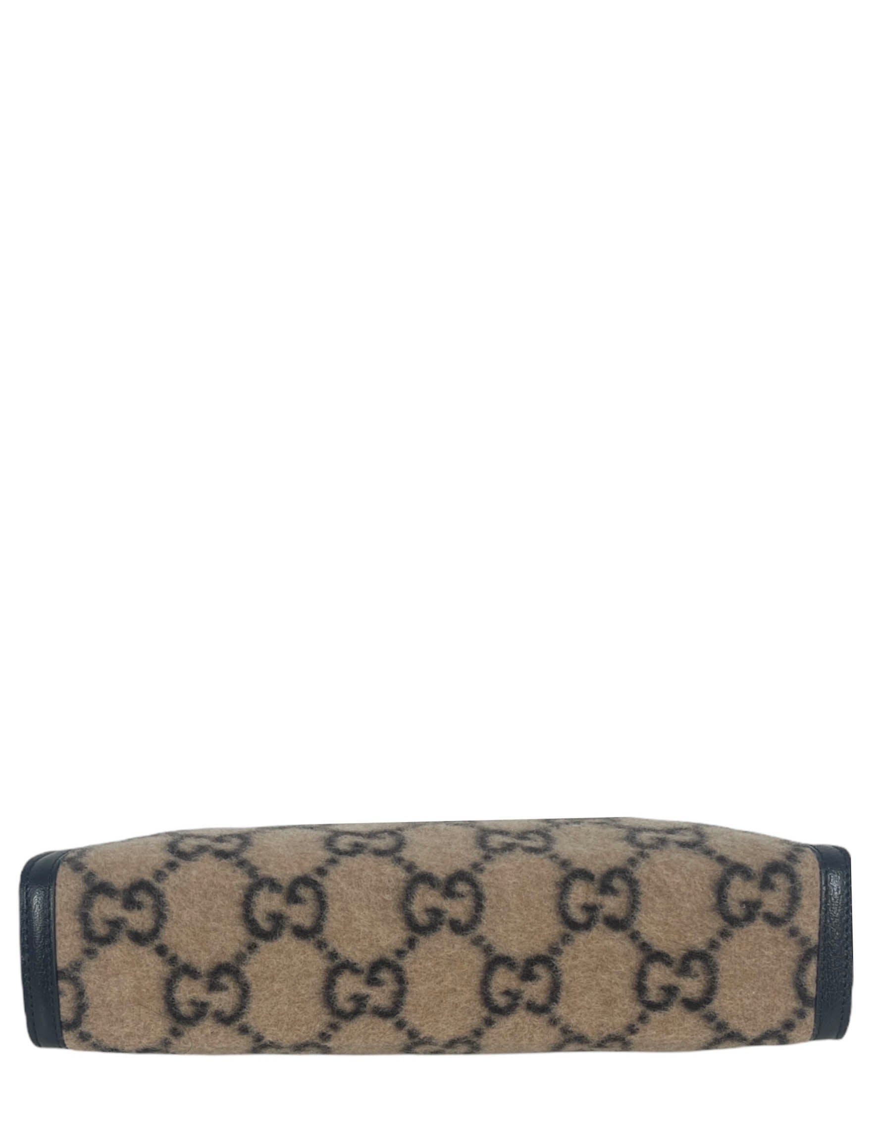 Gucci Beige and Black Wool Monogram Zip Top Pouch Bag