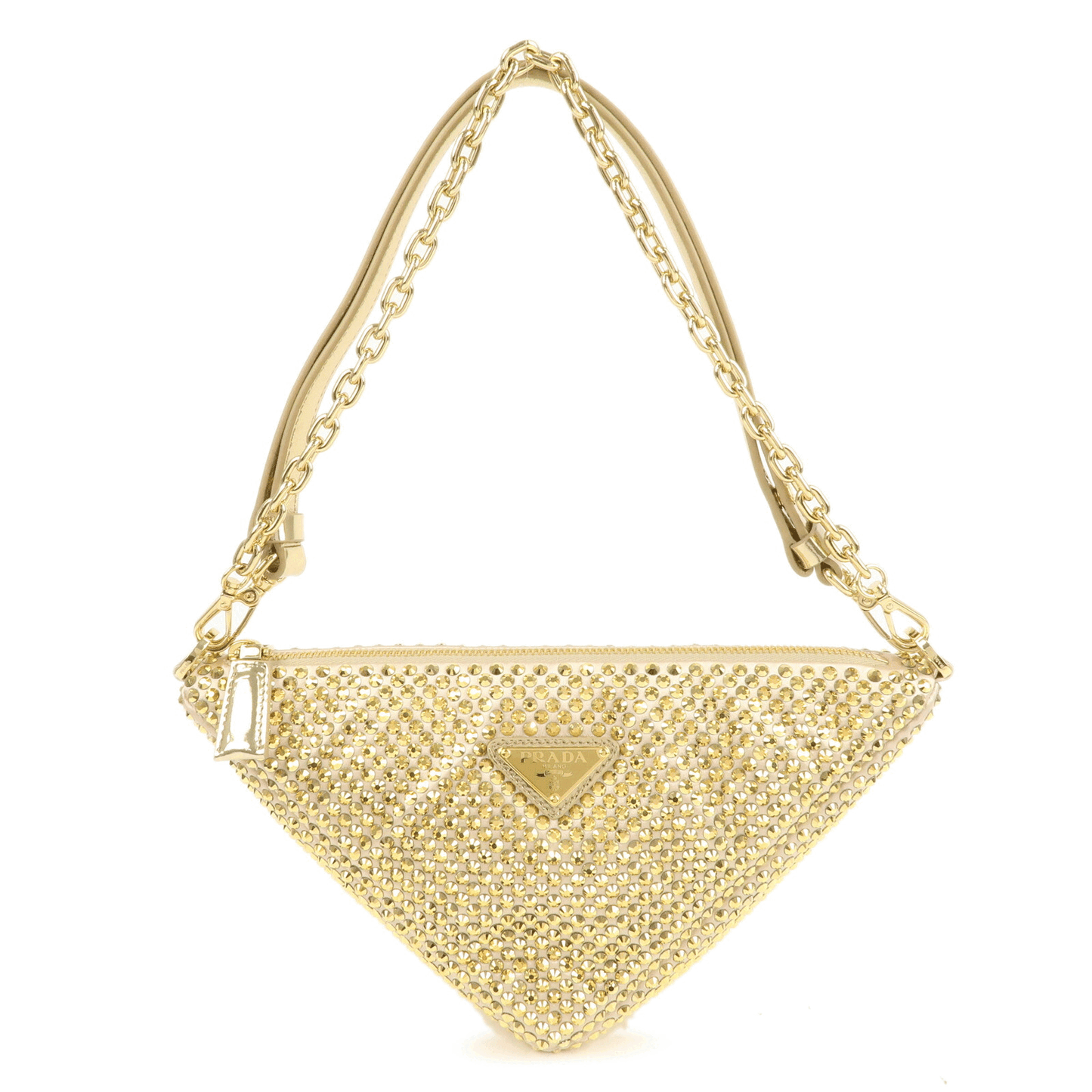 PRADA Triangle Leather Satin Rhine Stone Shoulder Bag Gold